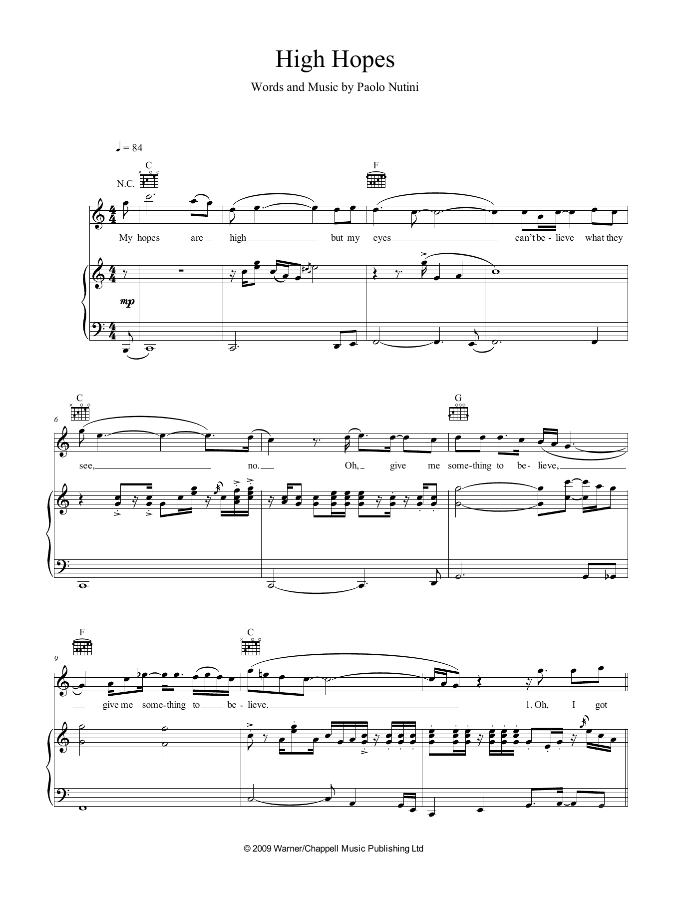 Download Paolo Nutini High Hopes Sheet Music and learn how to play Piano, Vocal & Guitar (Right-Hand Melody) PDF digital score in minutes