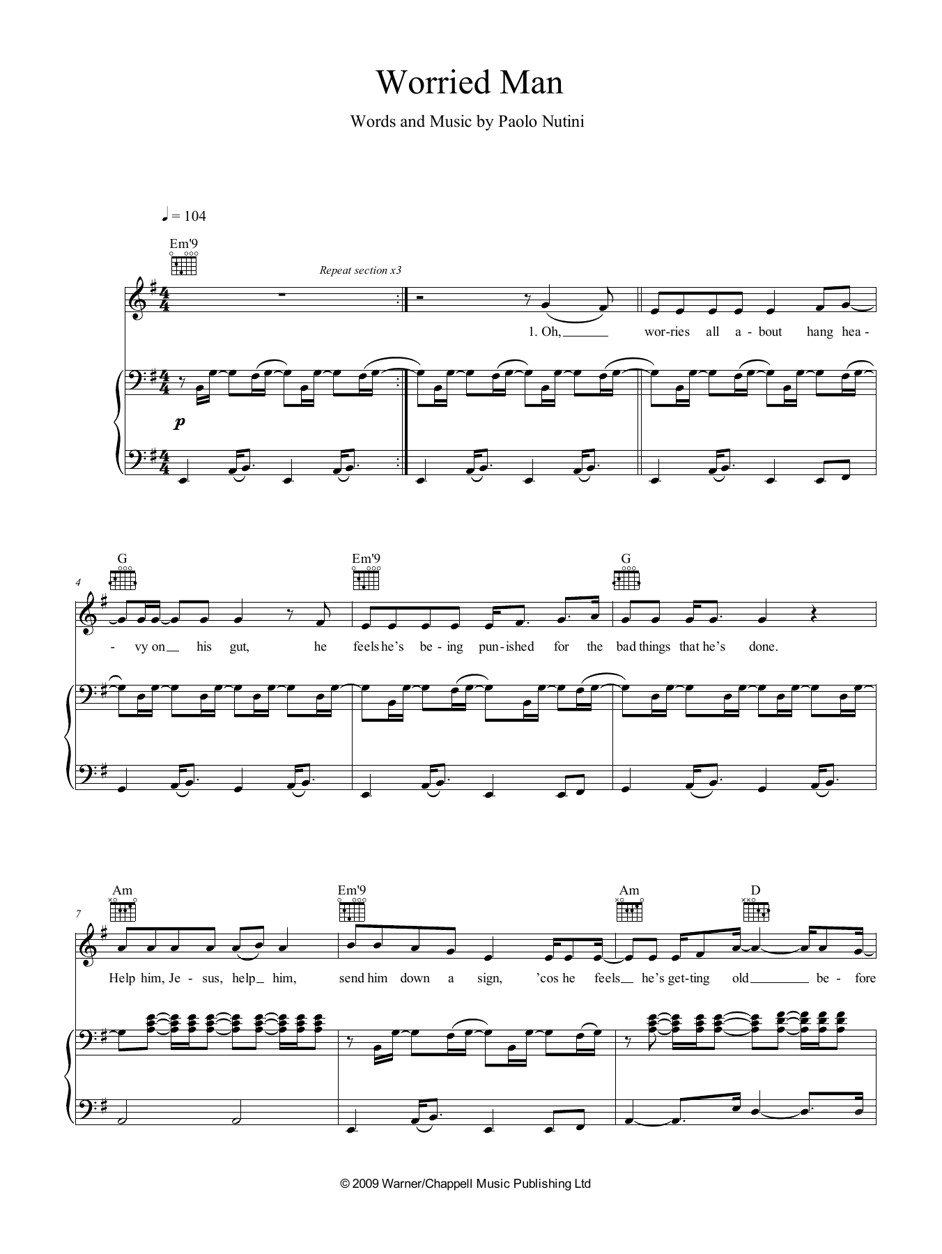Download Paolo Nutini Worried Man Sheet Music and learn how to play Piano, Vocal & Guitar (Right-Hand Melody) PDF digital score in minutes