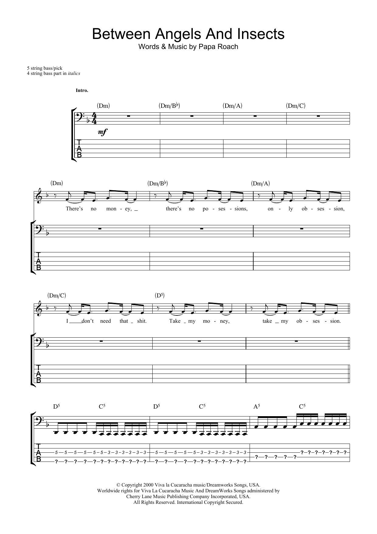 Download Papa Roach Between Angels And Insects Sheet Music and learn how to play Bass Guitar Tab PDF digital score in minutes