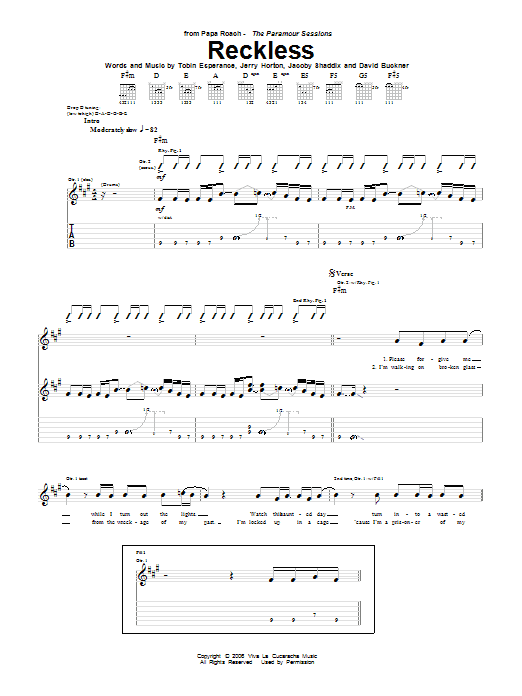 Download Papa Roach Reckless Sheet Music and learn how to play Guitar Tab PDF digital score in minutes