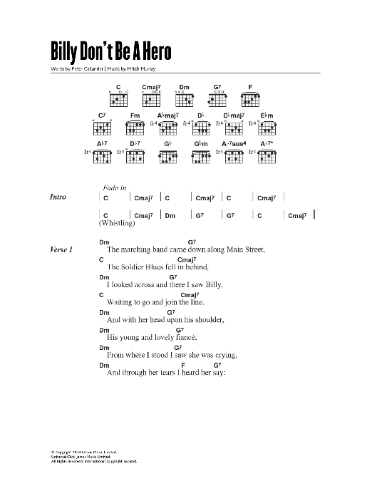 Download Paper Lace Billy, Don't Be A Hero Sheet Music and learn how to play Lyrics & Chords PDF digital score in minutes