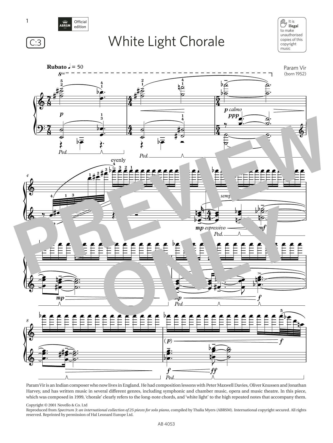 Download Param Vir White Light Chorale (Grade 7, list C3, from the ABRSM Piano Syllabus 2023 & 2024 Sheet Music and learn how to play Piano Solo PDF digital score in minutes