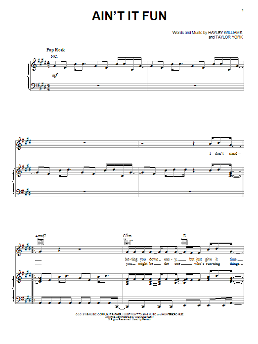 Download Paramore Ain't It Fun Sheet Music and learn how to play Piano, Vocal & Guitar (Right-Hand Melody) PDF digital score in minutes