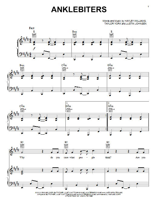 Download Paramore Anklebiters Sheet Music and learn how to play Piano, Vocal & Guitar (Right-Hand Melody) PDF digital score in minutes