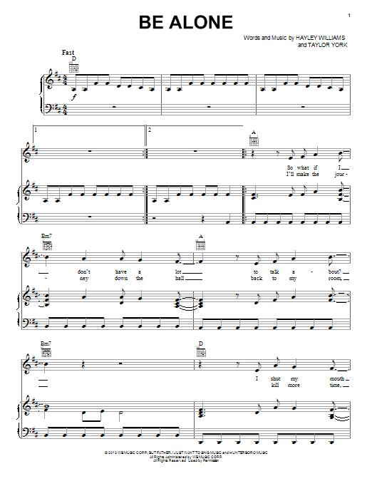 Download Paramore Be Alone Sheet Music and learn how to play Piano, Vocal & Guitar (Right-Hand Melody) PDF digital score in minutes