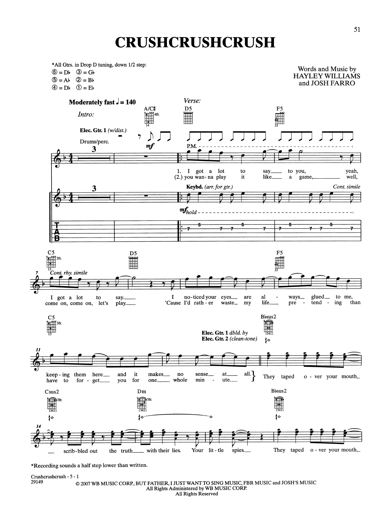 Download Paramore CrushCrushCrush Sheet Music and learn how to play Guitar Tab PDF digital score in minutes