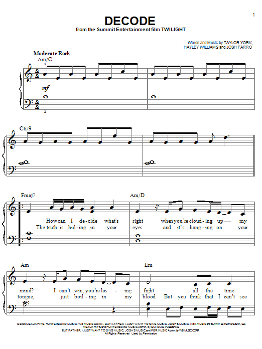 Download Paramore Decode Sheet Music and learn how to play Easy Piano PDF digital score in minutes