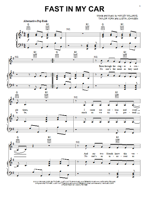 Download Paramore Fast In My Car Sheet Music and learn how to play Piano, Vocal & Guitar (Right-Hand Melody) PDF digital score in minutes