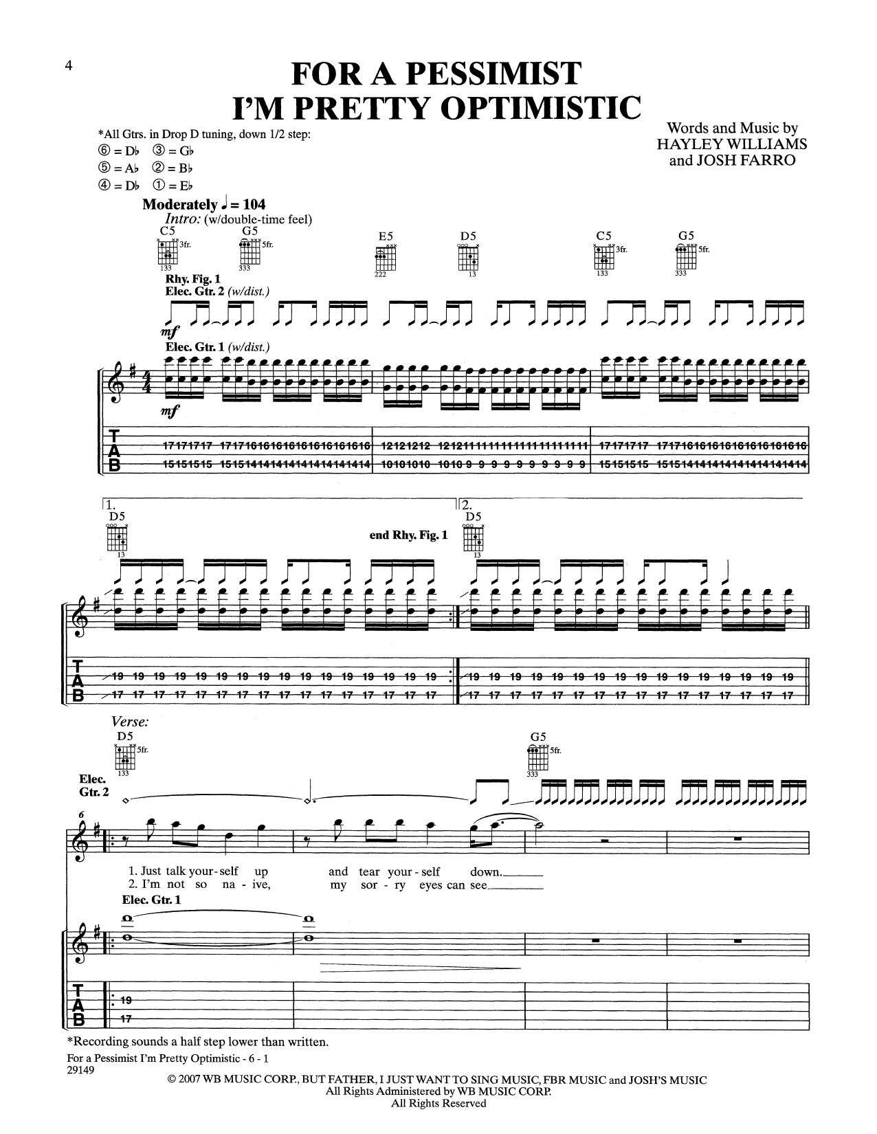 Download Paramore For A Pessimist I'm Pretty Optimistic Sheet Music and learn how to play Guitar Tab PDF digital score in minutes