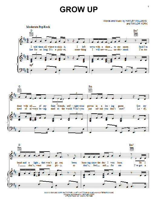 Download Paramore Grow Up Sheet Music and learn how to play Piano, Vocal & Guitar (Right-Hand Melody) PDF digital score in minutes