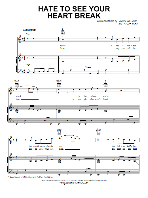 Download Paramore Hate To See Your Heart Break Sheet Music and learn how to play Piano, Vocal & Guitar (Right-Hand Melody) PDF digital score in minutes