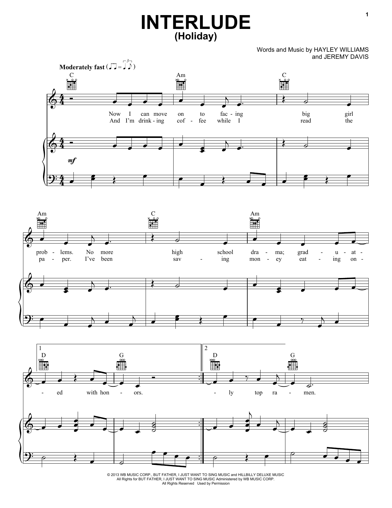 Download Paramore Interlude (Holiday) Sheet Music and learn how to play Piano, Vocal & Guitar (Right-Hand Melody) PDF digital score in minutes
