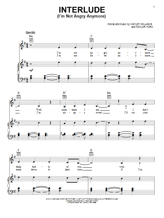 Download Paramore Interlude (I'm Not Angry Anymore) Sheet Music and learn how to play Piano, Vocal & Guitar (Right-Hand Melody) PDF digital score in minutes