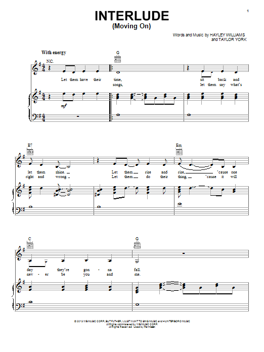 Download Paramore Interlude (Moving On) Sheet Music and learn how to play Piano, Vocal & Guitar (Right-Hand Melody) PDF digital score in minutes