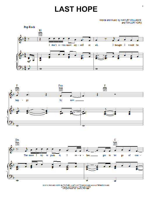 Download Paramore Last Hope Sheet Music and learn how to play Piano, Vocal & Guitar (Right-Hand Melody) PDF digital score in minutes