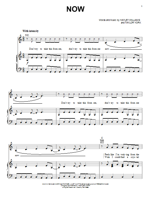 Download Paramore Now Sheet Music and learn how to play Piano, Vocal & Guitar (Right-Hand Melody) PDF digital score in minutes