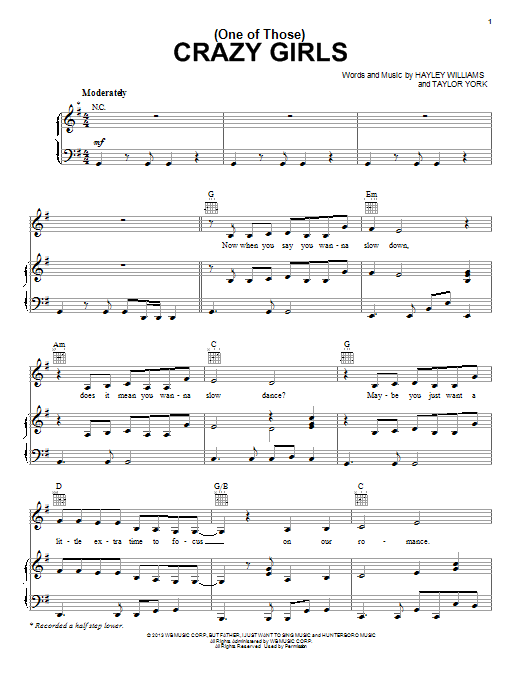 Download Paramore (One Of Those) Crazy Girls Sheet Music and learn how to play Piano, Vocal & Guitar (Right-Hand Melody) PDF digital score in minutes