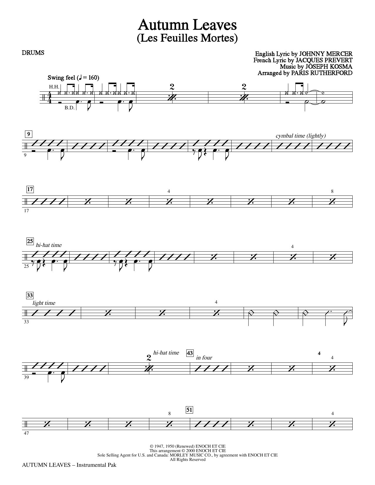 Download Paris Rutherford Autumn Leaves - Drums Sheet Music and learn how to play Choir Instrumental Pak PDF digital score in minutes