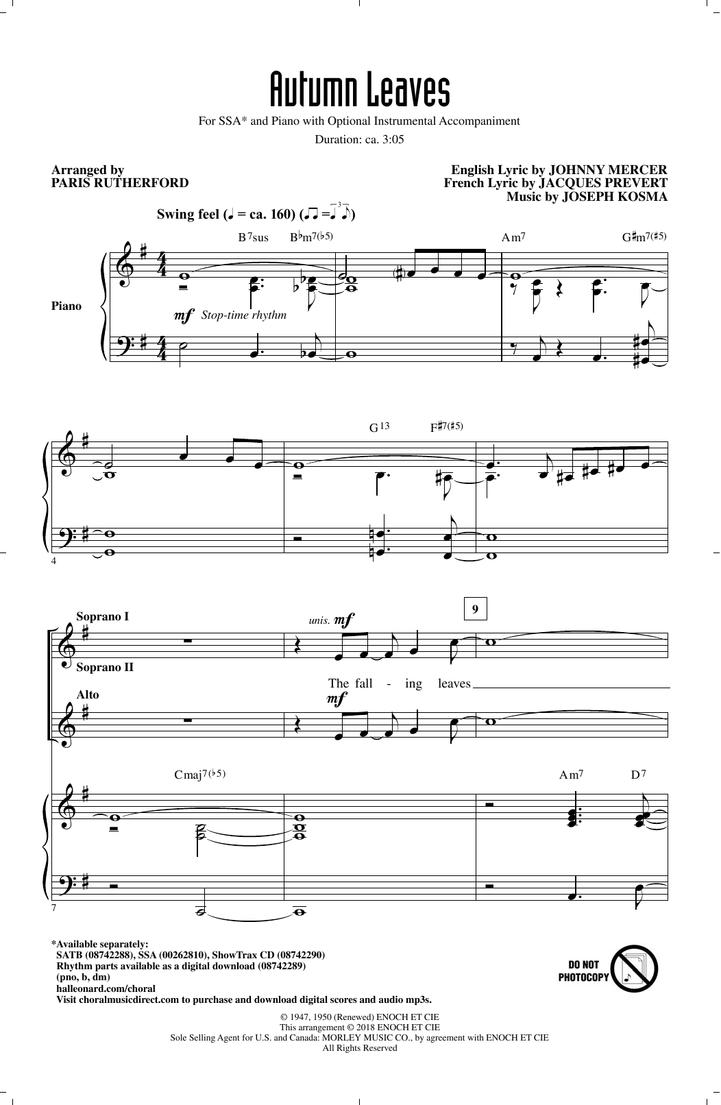 Download Paris Rutherford Autumn Leaves Sheet Music and learn how to play SSA PDF digital score in minutes