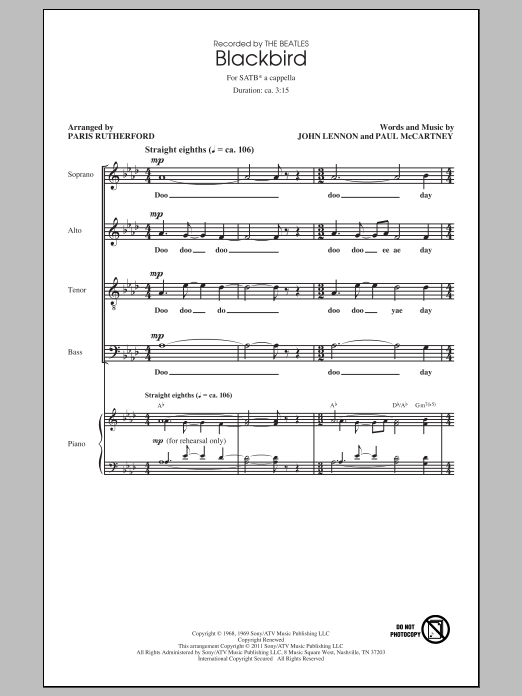 Download The Beatles Blackbird (arr. Paris Rutherford) Sheet Music and learn how to play SATB PDF digital score in minutes