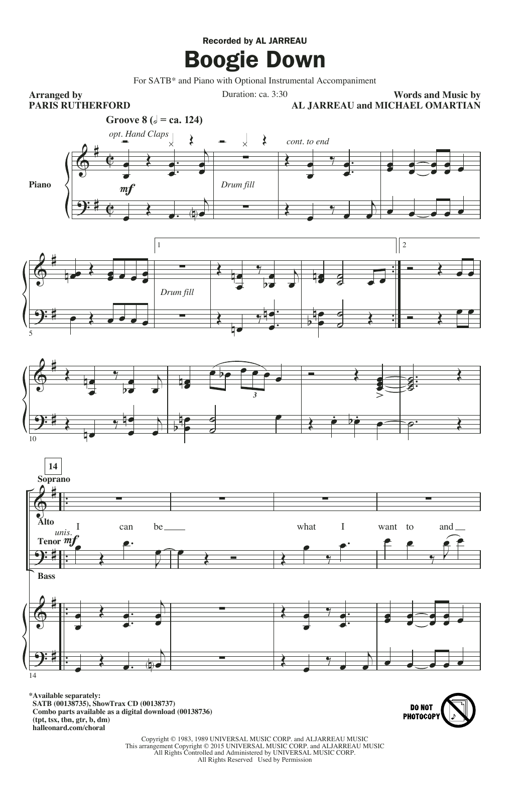 Download Al Jarreau Boogie Down (arr. Paris Rutherford) Sheet Music and learn how to play SATB PDF digital score in minutes