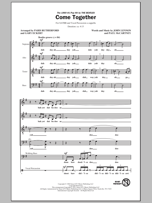 Download The Beatles Come Together (arr. Paris Rutherford) Sheet Music and learn how to play SATB PDF digital score in minutes