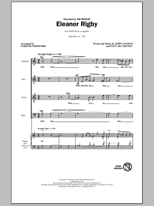 Download Paris Rutherford Eleanor Rigby Sheet Music and learn how to play SATB Choir PDF digital score in minutes