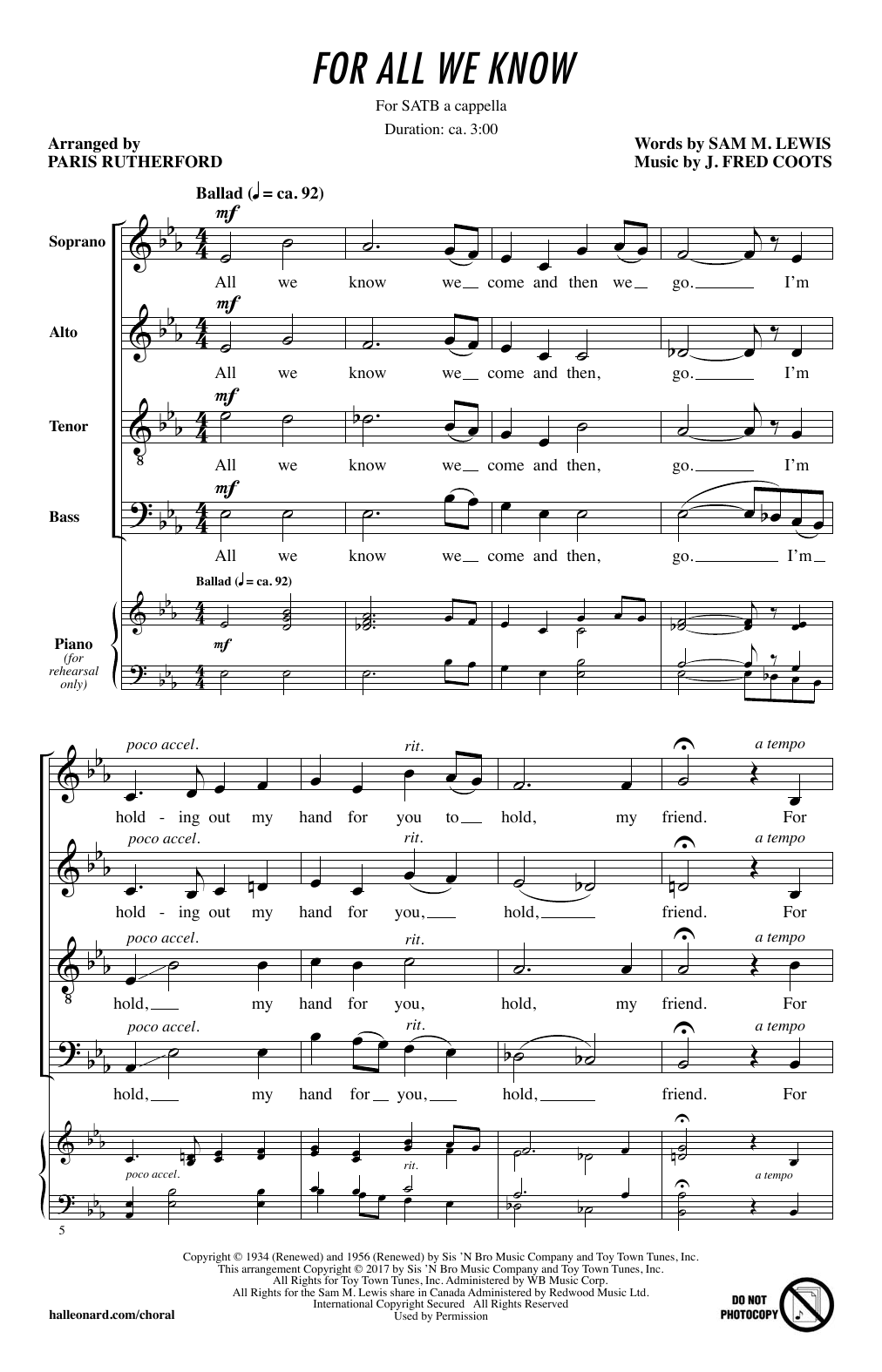 Download Paris Rutherford For All We Know Sheet Music and learn how to play SATB PDF digital score in minutes