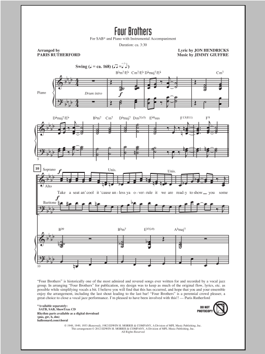 Download The Manhattan Transfer Four Brothers (arr. Paris Rutherford) Sheet Music and learn how to play SAB PDF digital score in minutes