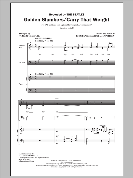 Download The Beatles Golden Slumbers/Carry That Weight (arr. Paris Rutherford) Sheet Music and learn how to play SAB PDF digital score in minutes