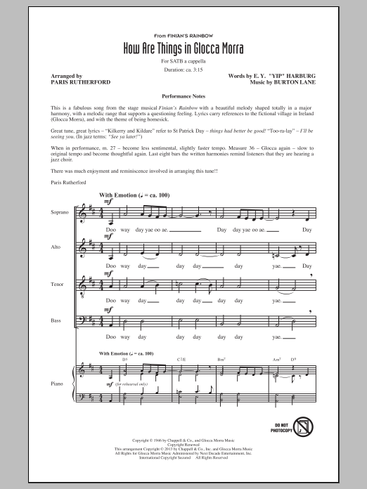 Download Burton Lane How Are Things In Glocca Morra (arr. Paris Rutherford) Sheet Music and learn how to play SATB PDF digital score in minutes