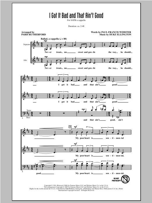 Download Duke Ellington I Got It Bad And That Ain't Good (arr. Paris Rutherford) Sheet Music and learn how to play SATB PDF digital score in minutes