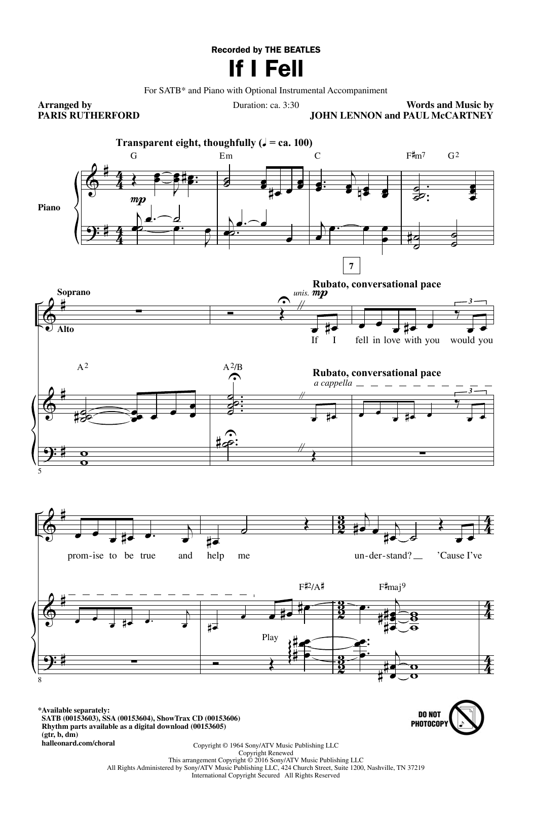Download Paris Rutherford If I Fell Sheet Music and learn how to play SATB PDF digital score in minutes