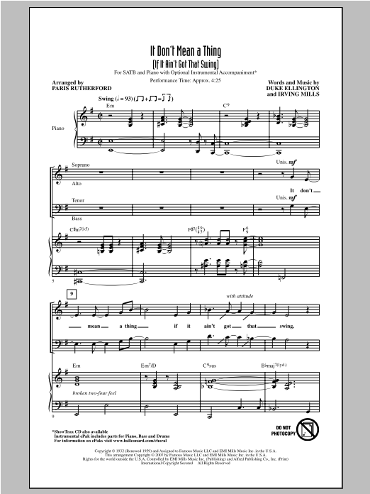Download Duke Ellington It Don't Mean A Thing (If It Ain't Got That Swing) (arr. Paris Rutherford) Sheet Music and learn how to play SATB PDF digital score in minutes