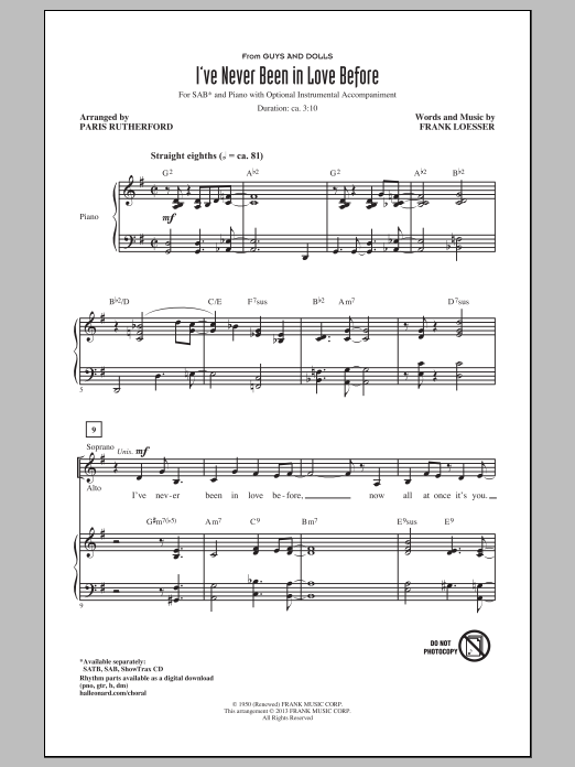 Download Frank Loesser I've Never Been In Love Before (arr. Paris Rutherford) Sheet Music and learn how to play SAB PDF digital score in minutes