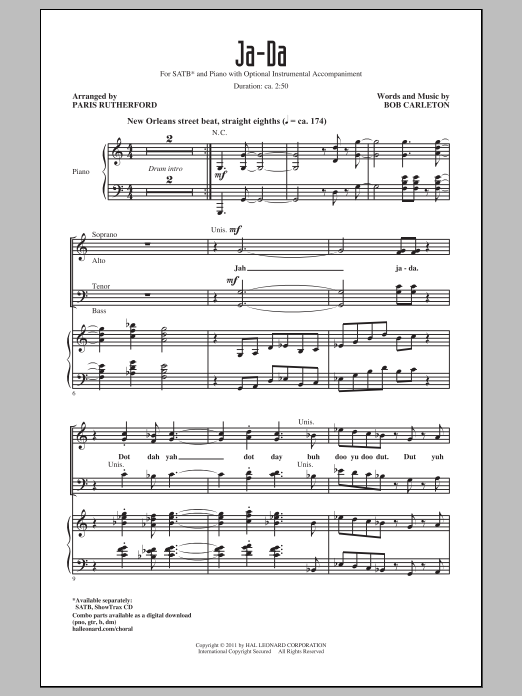Download Bob Carleton Ja-Da (arr. Paris Rutherford) Sheet Music and learn how to play SSA PDF digital score in minutes