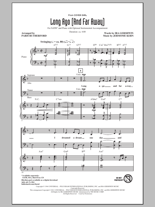 Download Jerome Kern Long Ago (And Far Away) (arr. Paris Rutherford) Sheet Music and learn how to play SSA PDF digital score in minutes