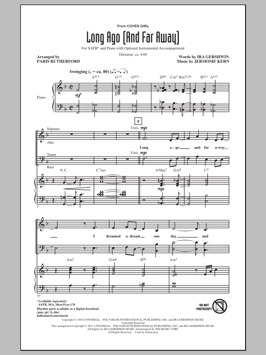 Download Jerome Kern Long Ago (And Far Away) (arr. Paris Rutherford) Sheet Music and learn how to play SATB PDF digital score in minutes