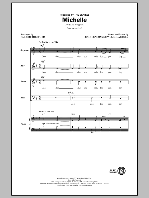 Download The Beatles Michelle (arr. Paris Rutherford) Sheet Music and learn how to play SATB PDF digital score in minutes