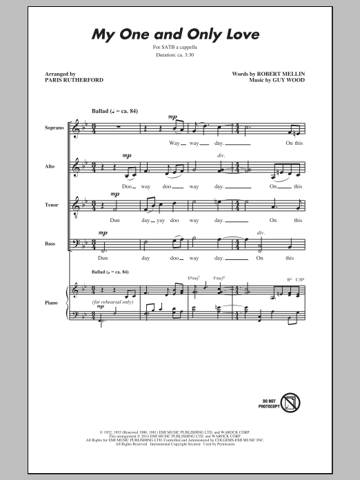 Download Paris Rutherford My One And Only Love Sheet Music and learn how to play SATB Choir PDF digital score in minutes