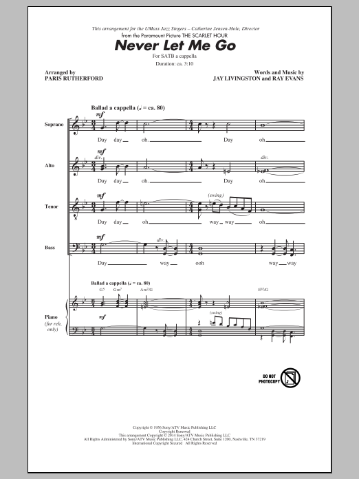 Download Dinah Washington Never Let Me Go (arr. Paris Rutherford) Sheet Music and learn how to play SATB PDF digital score in minutes