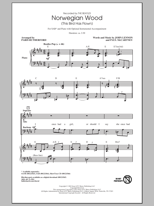 Download The Beatles Norwegian Wood (This Bird Has Flown) (arr. Paris Rutherford) Sheet Music and learn how to play SATB PDF digital score in minutes