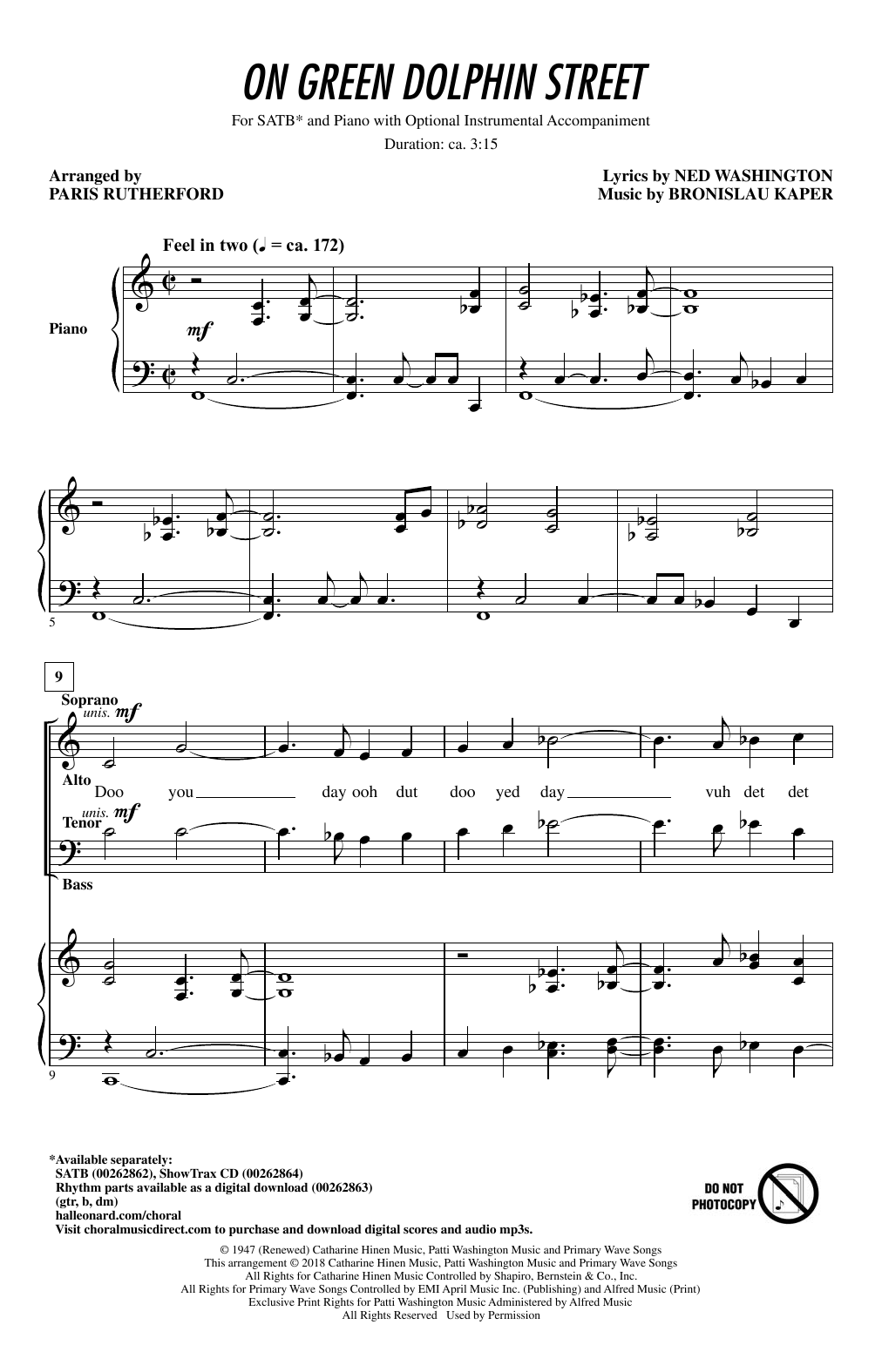 Download Paris Rutherford On Green Dolphin Street Sheet Music and learn how to play SATB PDF digital score in minutes