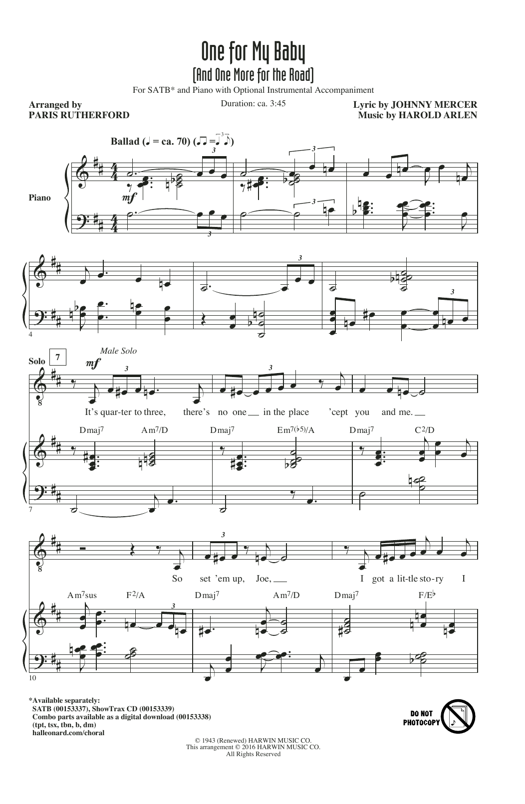 Download Paris Rutherford One For My Baby (And One More For The Road) Sheet Music and learn how to play SATB PDF digital score in minutes