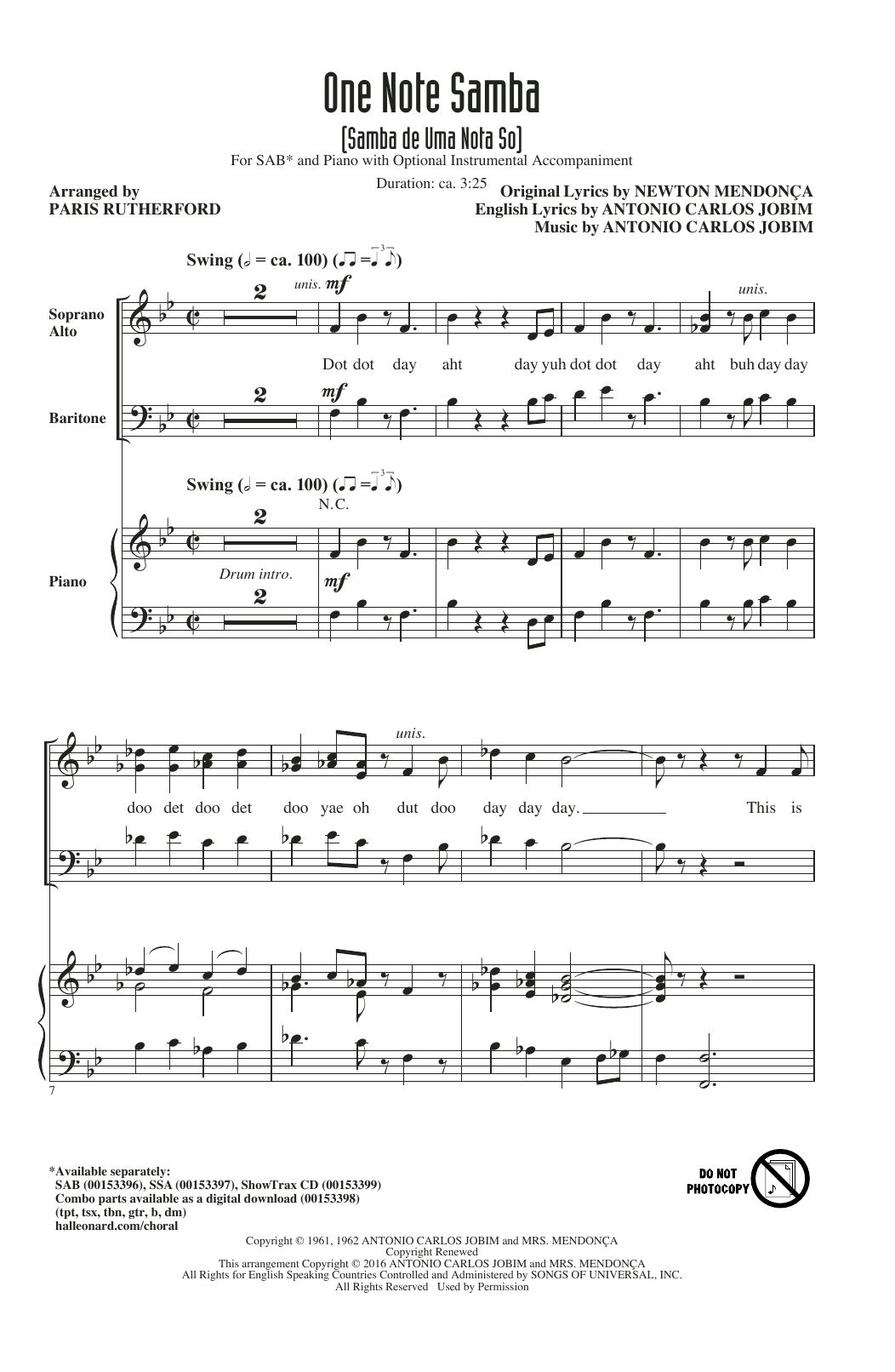 Download Paris Rutherford One Note Samba (Samba De Uma Nota So) Sheet Music and learn how to play SSA PDF digital score in minutes