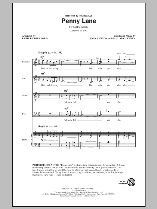 Download The Beatles Penny Lane (arr. Paris Rutherford) Sheet Music and learn how to play SATB PDF digital score in minutes
