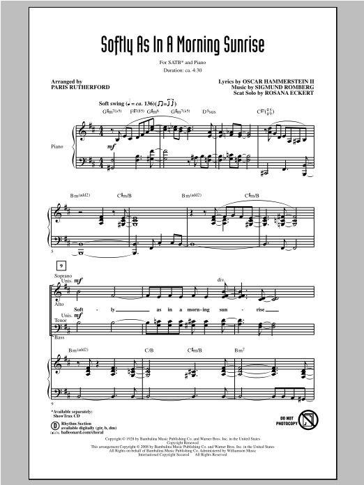 Download Sigmund Romberg Softly As In A Morning Sunrise (arr. Paris Rutherford) Sheet Music and learn how to play SATB PDF digital score in minutes