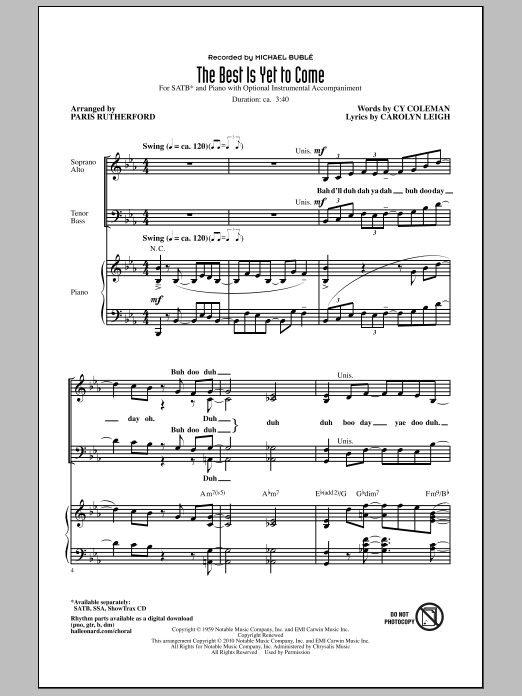 Download Paris Rutherford The Best Is Yet To Come Sheet Music and learn how to play SATB Choir PDF digital score in minutes