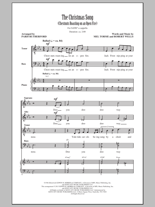 Download Mel Torme The Christmas Song (Chestnuts Roasting On An Open Fire) (arr. Paris Rutherford) Sheet Music and learn how to play SATB PDF digital score in minutes