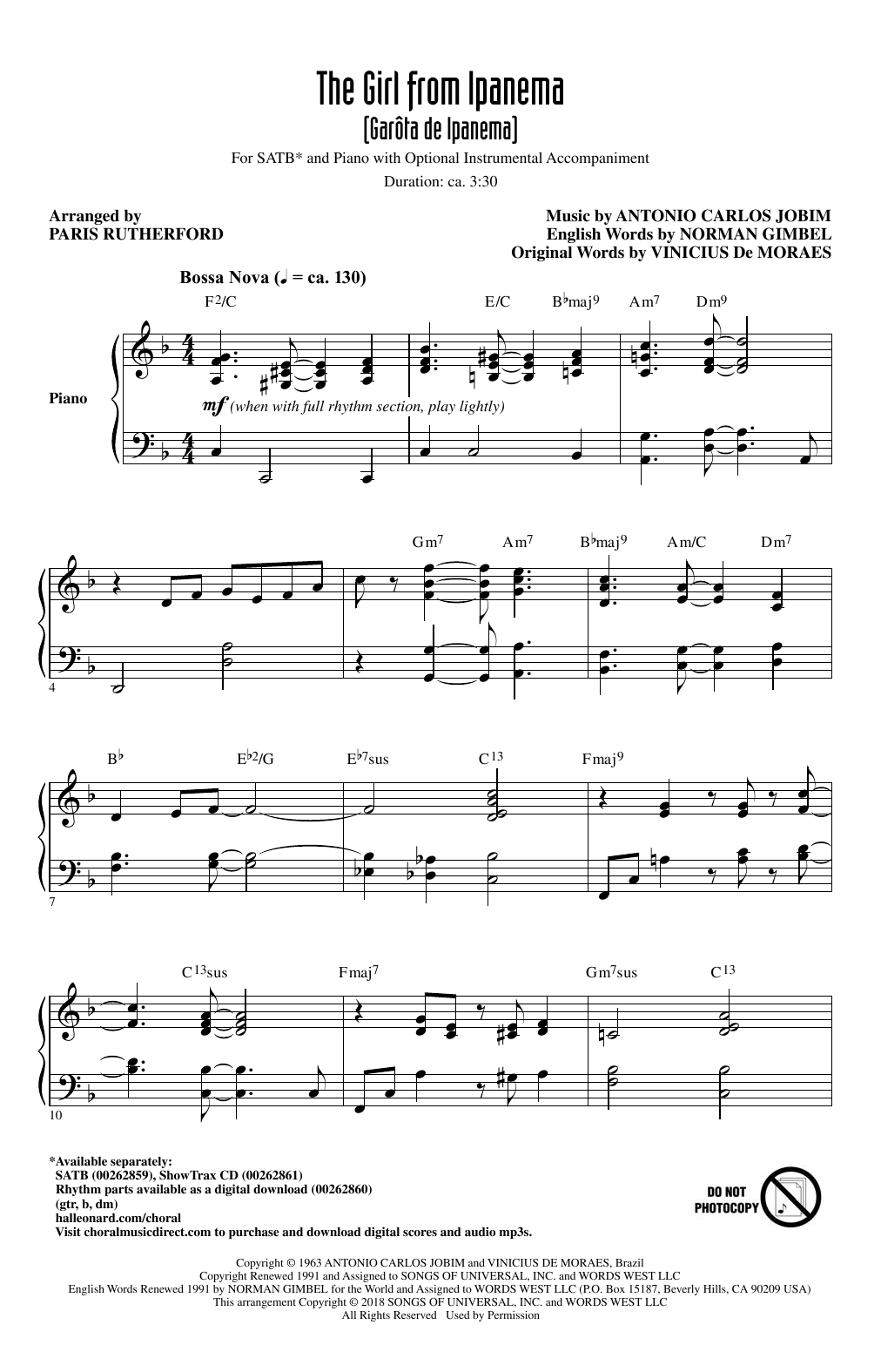 Download Paris Rutherford The Girl From Ipanema (Garota De Ipanema) Sheet Music and learn how to play SATB PDF digital score in minutes